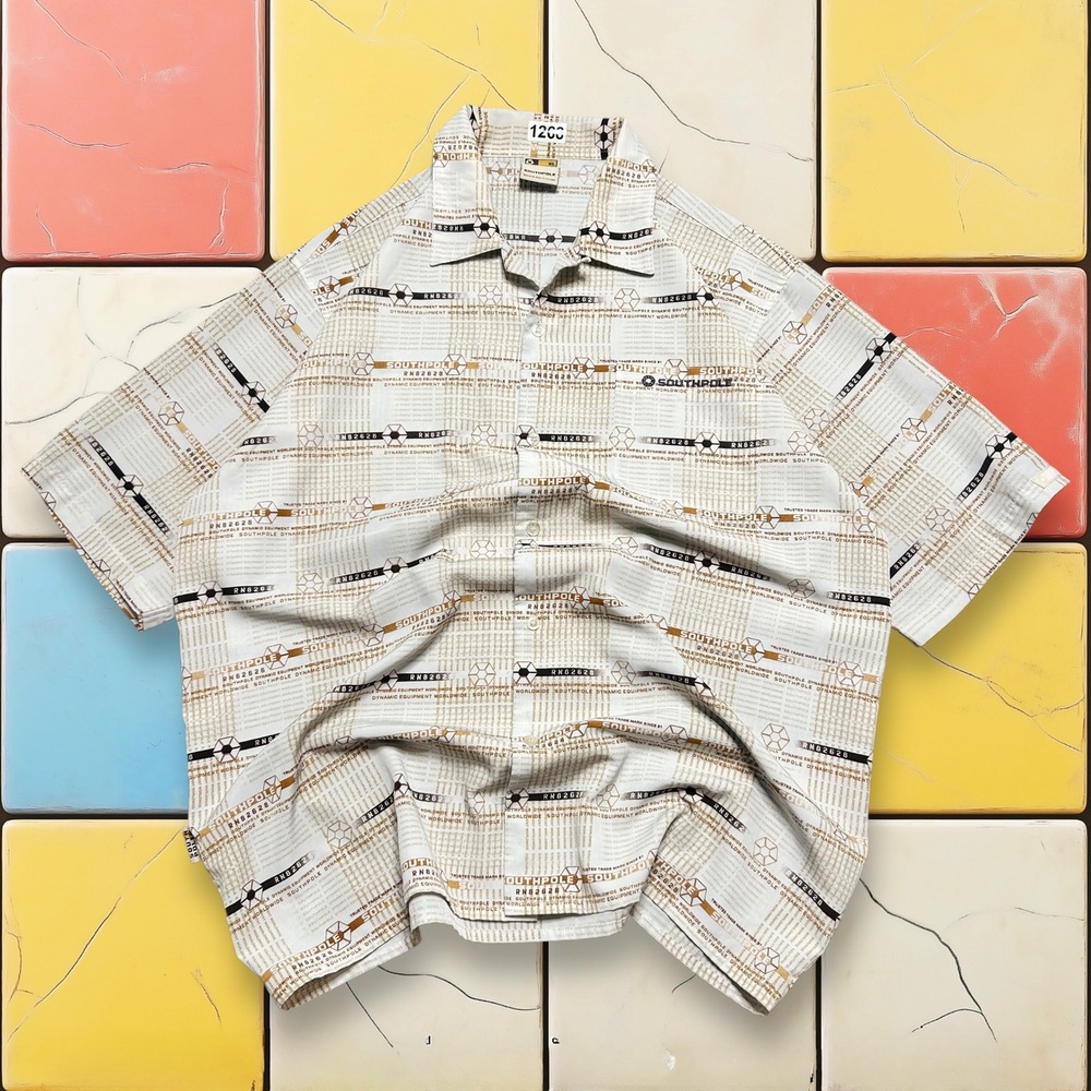VTG Y2K SouthPole Button Up Shirt Men XL Cream AOP Skater Hip Hop Rap Baggie